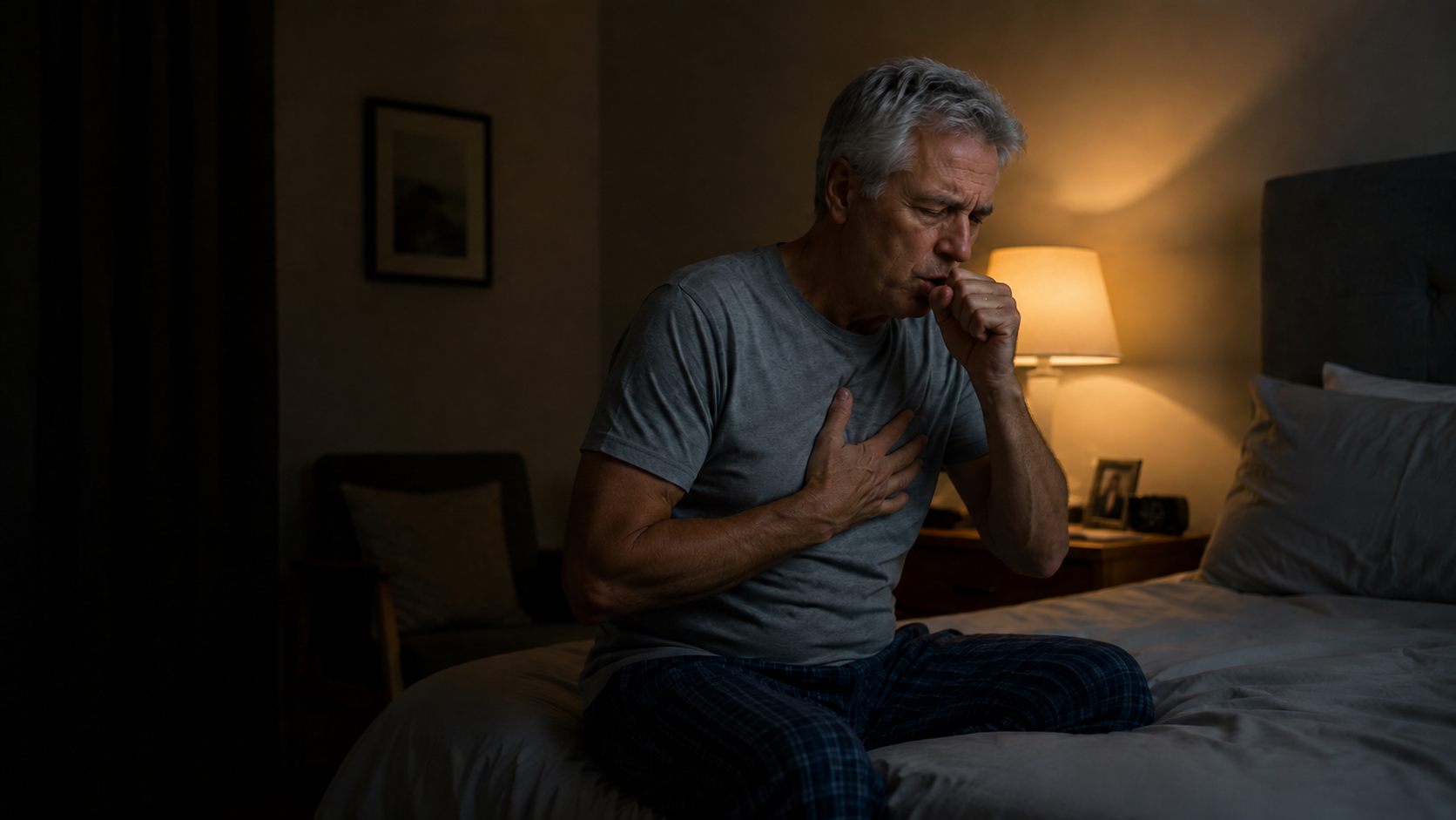 Person sitting up in bed at night, hand on chest